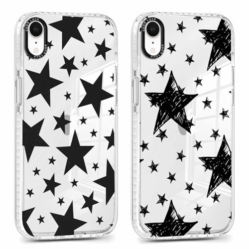 RUMDEY 2 Pack Cute Cool Black Star Phone Case for iPhone XR 6.1, Clear Aesthetic Coquette Y2K Pattern Print Design Women Girls Case Soft Slim Shockproof TPU Protective Funda Cover