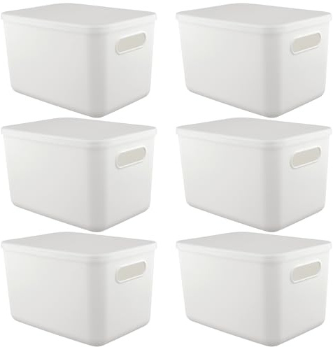 MUNGHOK 6 Stück Weiß Aufbewahrungsbox mit Deckel Kunststoff, 26x18x16cm Plastikbox mit Deckel Weiß, Aufbewahrungskorb Rechteckig, Plastik Körbe Organizer für Schrank, Badezimmer, Büro, Küchen