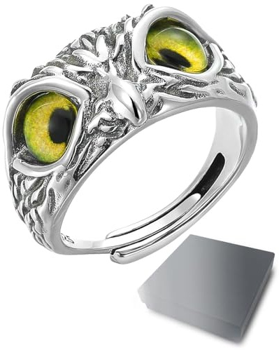 HSIXHAF 1 PCS Eulenring mit Einstellbare Öffnung, Ringe für Frauen und Mädchen, Gelbe Augen, Wednesday, Mit schwarzer Geschenkbox