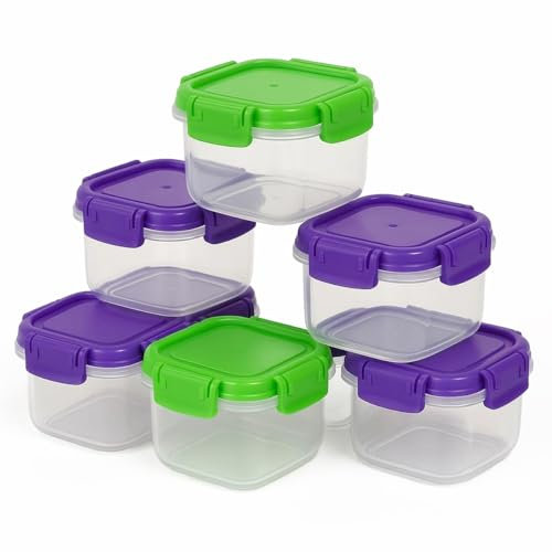ZOPPER 6 x 135ml Food Storage Containers with Clip Lock Lids – BPA-Free Mini Plastic Tubs for Snacks, Meal Prep & Fridge Organisation – Airtight Lunch Boxes in Green & Purple (2 Green, 4 Purple)