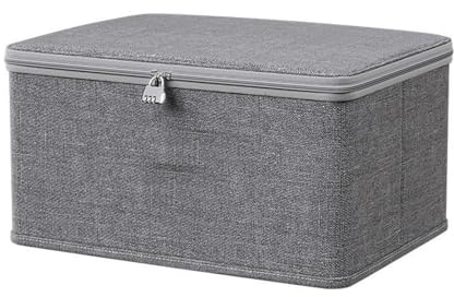 Storage Box, Fabric Lockable Storage Box with Lid, 30cm x 20cm x 14cm Secure Medicine Lock Box for Clothes, Toys, Travel Essentials, Grey