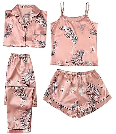 Set di indumenti da notte sexy in raso da donna Set da in costume da casa in 4 pezzi Lingerie da notte svestita abito donna lungo