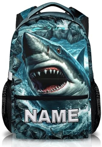 GiftRomance Personalisierter Kinder Rucksack mit Hai-Design – 17 Zoll Schulrucksack Jungen mit Namen – Leichter Kinderrucksack für Schule, Reise, Alltag