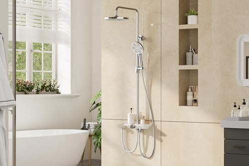 Système de douche sans robinet, en acier inoxydable, avec pommeau de douche, barre de douche chromée avec étagère, colonne de douche et douchette à main, pour une détente maximale, douche de tête