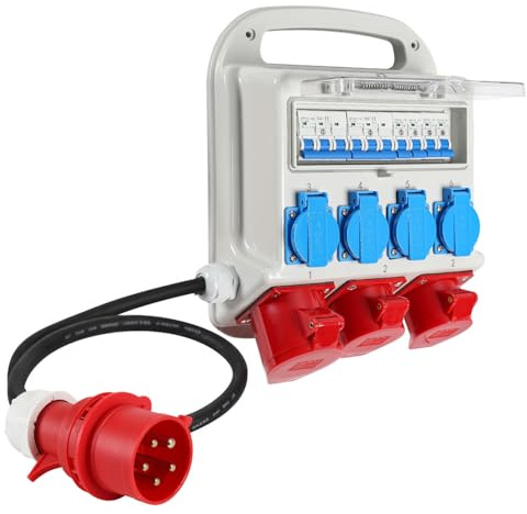 Fogmiea Wandverteiler mit Leitungsschutzschalter und schwere Gummischlauchleitung Stromzufuhr,5 Polig Baustromverteiler mit 4xSchuko-Steckdose und CEE-Steckdose 16/32A Stromverteiler
