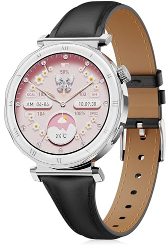 BOALZETD Smartwatch Damen - Eleganz im Kleinen mit 1,19 AMOLED Display & Schmalem Lederarmband, Fitnessuhr mit Schrittzähler, Sportmodi, Puls/SpO2/Schlafmonitor für iOS/Android, Silber/Schwarz