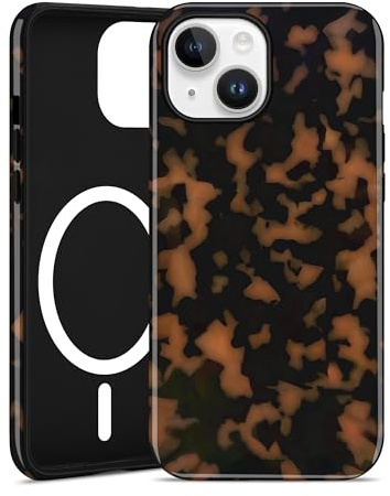 Jusy Handyhülle Magnetische für iPhone 15 Hülle, Aesthetic Leopardenmuster Design, Kompatibel mit MagSafe Zweischichtige Stoßfest Bumper Case, Schildpatt Gelb