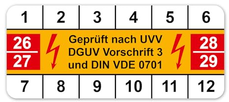 LabelTec Prüfplaketten geprüft nach UVV DGUV Vorschrift 3 und DIN VDE 0701 42x18mm Prüfaufkleber 2026-2029 Aufkleber Prüfetiketten PVC Vinyl Plaketten Folie selbstklebend wasserfest LTA001 (50)