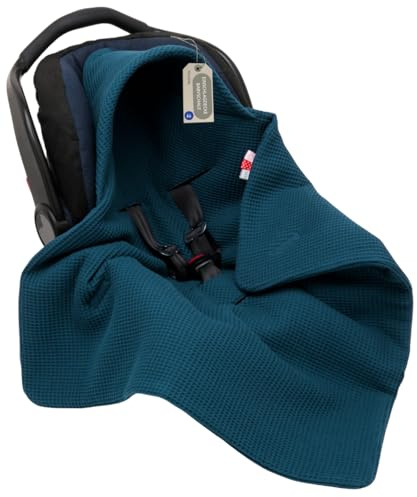 Solvera_Ltd Einschlagdecke Babyschale Kinderwagen Baumwolle Blau | Waffelpiqué mit Windschutz und Klettverschluss, für Autositz Buggy, nur 3-Punkt-Gurt, atmungsaktiv, 0-4 Monate, Oeko-Tex