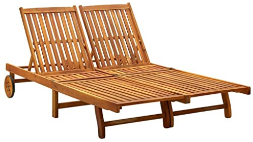 Hommdiy Doppel-Sonnenliege Massivholz Akazie Braun Doppelliege Gartenliege Outdoor Liege Holz Garten Relaxliege Gartenmöbel Strandliege