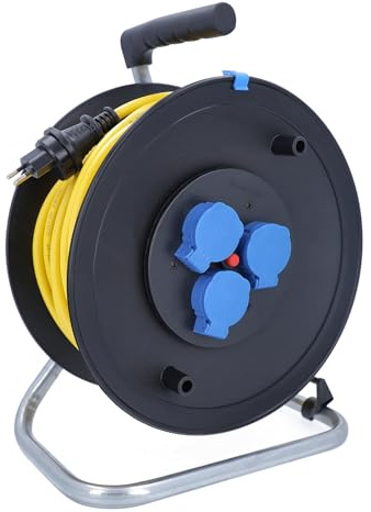 as - Schwabe Kabeltrommel 25 m K35 AT-N07V3V3-F 3G1,5 gelb, IP44 Außenbereich, mit SEV T13 Stecker IP55 und 3x Typ 13 Steckdosen, Thermoschutzschalter, Made in Germany