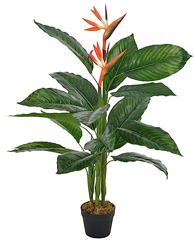 sephironlbb Künstliche Pflanze Strelitzia mit Topf Rot 100 cm Kunststoff und Eisen, 18 Blätter 2 Blüten, Deko für Wohnzimmer Schlafzimmer Büro Balkon, naturgetreu und realistisch