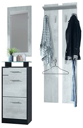 Vladon Garderobenset Garderobe Loret V2 Mini, Korpus in Schwarz matt/Front in Beton Oxid Optik