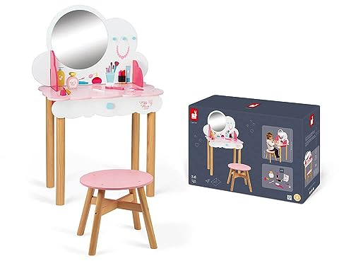 Janod - Toelettatura per Bambini in Legno P'tite Miss - 10 Accessori Inclusi - Imitazione e Sviluppo - A Partire dai 3 Anni, J06553, Rosa e Bianco