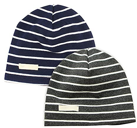 LACOFIA Baby Jungen Beanie Mütze Kinder Weiche Baumwolle Strickmützen Kleinkind Gestreift Hut 2 Stücke Dunkelgraue und Marine Streifen S/0-6 Monate