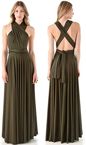 Infinity Kleid inklusive Bandeau Top Brautjungfernkleid Gr. 34-42 viele Farben Wickelkleid lang, 70 Verschiedene Wickelarten Brautkleid, Abendkleid Kleid lang Maxikleid (Olivgrün, 1 (34-42))