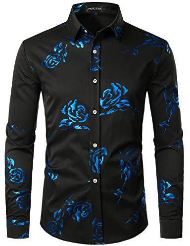 PARKLEES Chemise hipster à manches longues pour homme avec imprimé rose doré, Black Royal, M