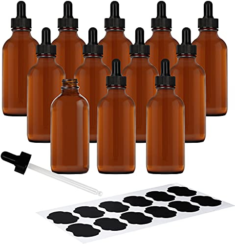 BELLE VOUS 120ml - Lot de 12 Flacon Compte Gouttes en Verre Ambré - Flacon Pipette en Verre et Étiquette Autocollante - Flacon Vide Huile Essentielle, Gouttes pour Yeux, Aromathérapie, Teinture
