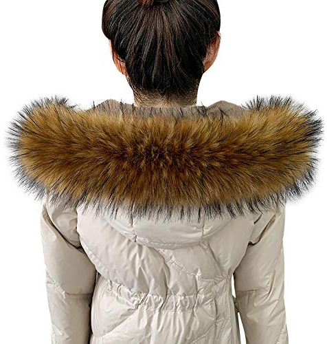 MAGIMODAC Pelzkragen Fellkragen Kunstfell Kunstpelz Kragen Fell Schal für Jacke Mantel Kapuze 60cm-90cm (Braun mit Schwarze Spitze, 80cm/31.50'')