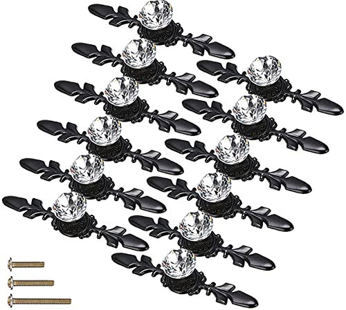 ESreake Lot de 12 boutons de porte de placard avec plaque en verre cristal transparent et diamant élargi avec vis pour décoration de cuisine et bureau Noir Taille L
