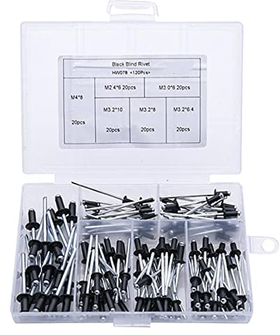 Bestgle 120pcs Aluminum Black Blind Rivets Set, Flange Rivet Assortment Kit, Assorted Pop Rivets, Open End Blind Rivets for Metal Wood Plastic M2.4 M3.0 M3.2 M4