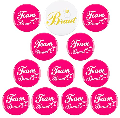 FLOFIA 12Pcs JGA Buttons 1x Braut Buttons 11x Team Braut Buttons Anstecker Junggesellenabschied Buttons Hochzeit Party Zubehör Brautaccessoires Rosenrot