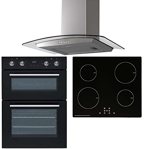 SIA 60cm Black Built-in Doube True Fan Oven, Touch Control Induction Hob & Stainless Steel Curved Glass Cooker Hood