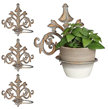 Relaxdays 4 x Wand Blumenhalter Barock, Gusseisen, Vintage Blumentopfhalter für draußen, Blumentopfring Ø 13,5 cm, Gold-grau