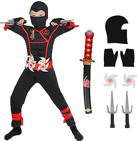 skyllc Ninja Kostüm Kinder, Jungen Ninja Cosplay Set mit Handschuhen Darts Bajonett - für Rollenspiel Halloween Weihnachten Party Karneval,Größe L