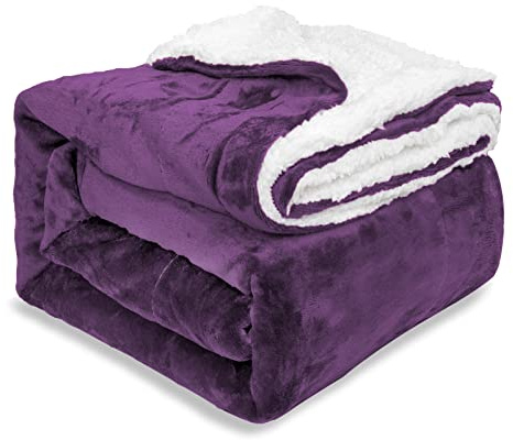 EHC Sherpa Flannel Fleece Throw Blanket - Fluffy Soft Thick Microfiber Solid Warm Blankets for Bed and Couch, Purple, Double, 150 cm x 200 cm