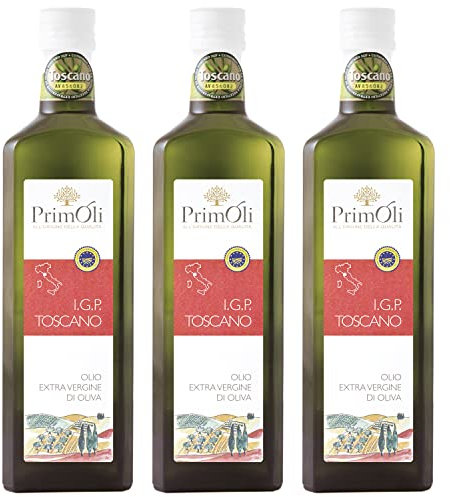Olio extra vergine d'oliva IGP Toscano PrimOli prodotto e imbottigliato in Toscana, fruttato pieno e persistente, ideale usato a crudo su zuppe rustiche, selvaggina e bruschette, 3x500 ml