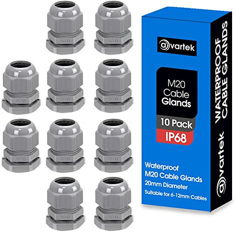10 Pack M20 20mm IP68 Waterproof Grey Cable Glands, Suitable for 6mm - 12mm Cables, Plastic Nylon Compression Glands Connectors with Locknut and Washer - AVARTEK