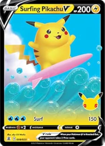 Pokémon Celebrations Surfing Pikachu V, 25th Anniversary Full Art Rare Holo + Überraschungskarte!