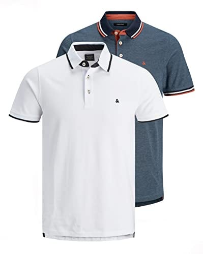JACK & JONES JJEPAULOS Men's Slim Fit Polo Shirt Plain Summer Shirt Collar Short Sleeve Basic Pique Cotton, Pack of 2 (Denim Blue/White), S