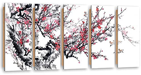 Feeby Modernes Bild 100x40 cm Natur Zweig Japanischer Garten Kirschblüte 5 Paneele Design Deko Wand Aesthetic Asien Orient Zen Spa Rosa
