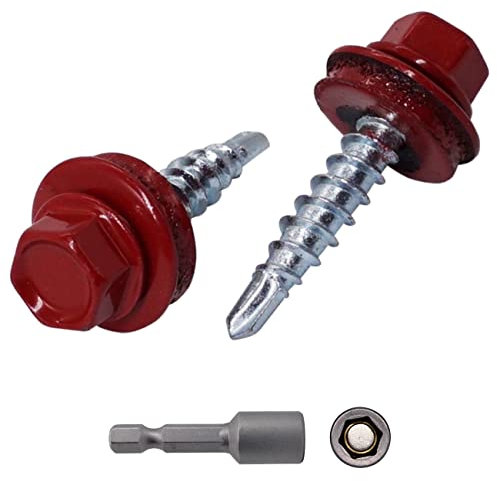 Lot de 250 vis de toiture en métal 4,8 x 25 mm peintes auto-foreuses avec rondelles en EPDM, vis hexagonales en tôle (250, marron rouge RAL 3011)