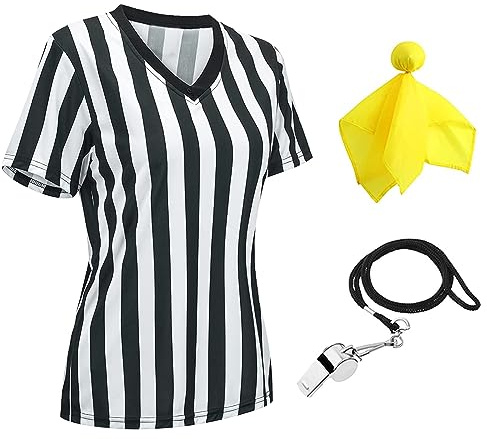 Schiedsrichtertrikot für Damen, offizielles schwarz-weiß gestreiftes Schiedsrichter-Shirt, Reißverschluss, Kragen, V-Ausschnitt, Schiedsrichter-Trikot, Ref. Pfeife, gelbe Strafflagge für Basketball,