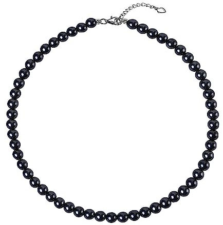 Aleasha perlenkette herren schwarz perle kette Glasperlen 6mm 50cm damen silber Edelstahl Schmuck