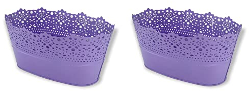 DARO DEKO Metall Blumentopf Schale lila 2 Stück 11 x 23cm mit Einsatz Über-Topf Pflanzgefäß Kräuter-Töpfe
