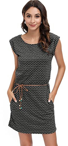 DOTIN Damen Sommerkleid Kurzarm Strandkleid Freizeitkleid Waves Tshirt Minikleid Jersey Kleid, Dunkelgrau, M