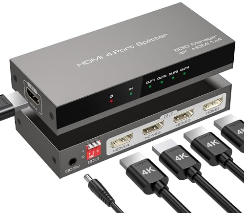 HDMI Splitter 1 in 4 Out Gleichzeitige Zuweisung von 4 Monitoren mit EDID-Management-Unterstützung 4K30hz 2K 3D 1080p HDCP 4-Wege HDMI Verteiler für TV PSBox/PC/PS4/Laptop