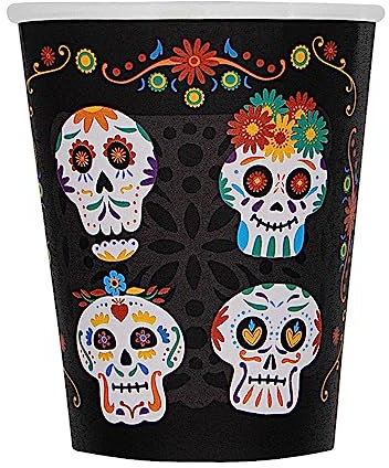 Funidelia | 8 vasos de Catrina Día de los muertos Day of the Dead Calavera mexicana - Decoración para fiestas de cumpleaños, fiestas de disfraces, Halloween y Carnaval - Negro