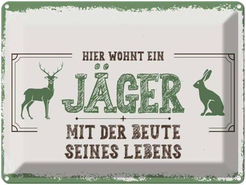 vianmo Blechschild 30x40 cm Tier Haustier Beute Spruch Zitat Hier wohnt ein Jäger mit der Deko Geschenk Metall Schild