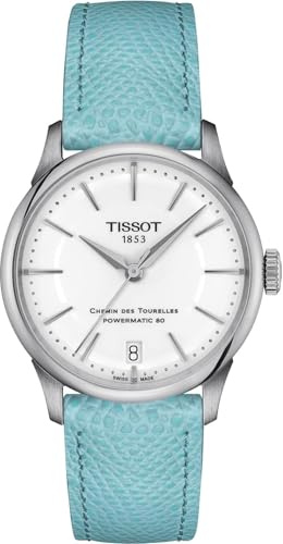 Tissot Womens Tissot Chemin des Tourelles Powermatic 80 34 mm 316L Stainless Steel case Automatic Watches, Light Blue, Leather, 18 (T1392071601100)