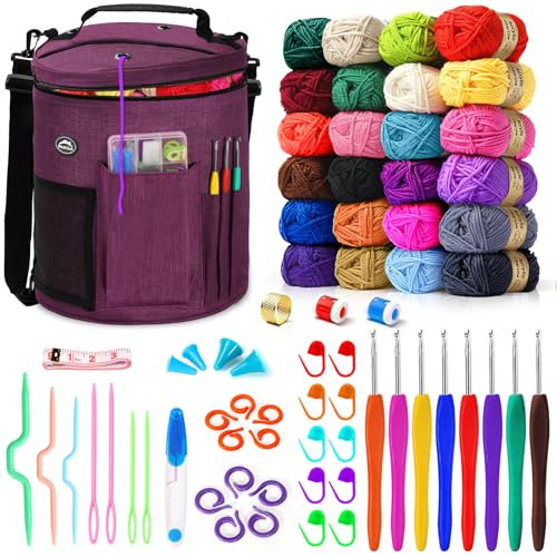 79-teiliges Häkelset, große Stricktasche von WEEKSUN, Garnaufbewahrungs-Organizer, Strick- und Häkelzubehör, wasserdichte Häkeltasche, Häkelset für Anfänger enthält Garn in 24 Farben, Häkelnadel-Sets