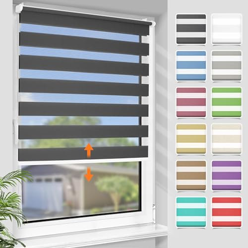 SBARTAR Doppelrollo schnurlos Klemmfix Rollos für Fenster ohne Bohren & zum Bohren, Anthrazit B120 x H130 cm, Drücken Und Ziehen Springrollos, Lichtdurchlässig Aber Blickdicht Mittelzugrollo