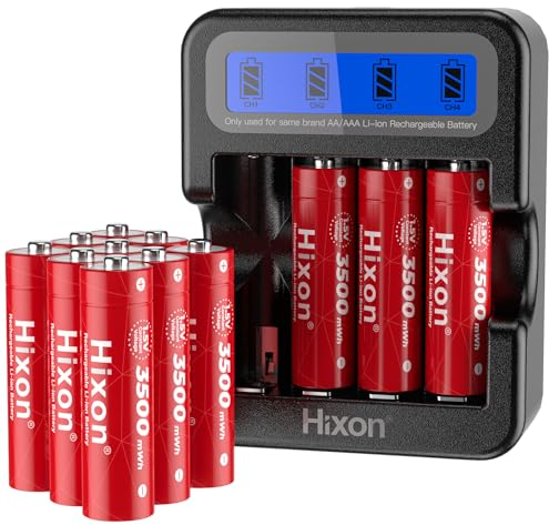 Hixon 1,5V AA Akku, Wiederaufladbare AA Lithium Akku, Neue Niederspannungs-Erinnerungsfunktion, 3500mWh 1,5V Konstanter Ausgang, 12 Stücke Wiederaufladbare Lithium AA Akku mit LCD-Display-Ladegerät