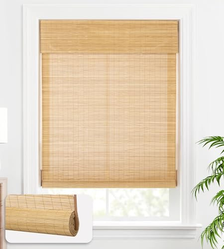 LazBlinds Cordless Bamboo Blinds, Bamboo Roll Up Shades for Windows, Light Filtering Wood Window Blinds for Indoor Home- Size: 27 W x 72'' H, Carbonized