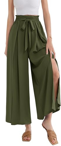 GRACE KARIN Damen Sommer Leicht Palazzo Hose Hohe Taille Weite Hose Mit Taschen Olivgrün L
