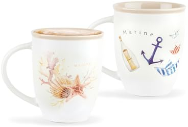 madame coco Kaffeetassen Set 2er 240 ml Groß, New Bone China Tasse Set, Marine Tassen Kaffee für Tee, Mokka, Latte, Kaffeetasse Groß, Geschenke Frauen, Freundin, Mama, Kaffeebecher, Tasse Groß Beige